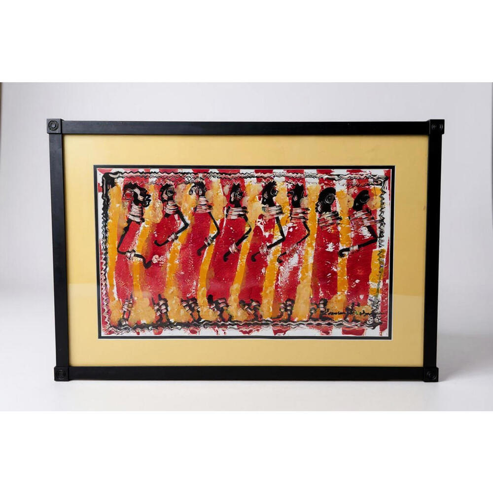 African Tribal Art Painting Signed Evanson K Hyera Framed 24"x14" Vibrant Colors